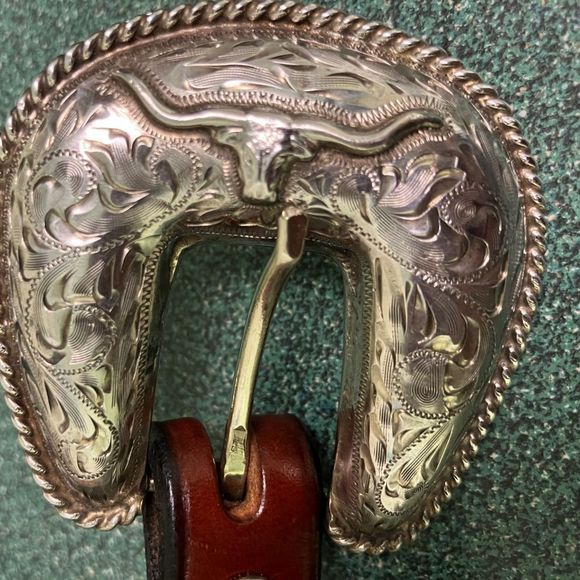 Women’s Western Cowgirl Belt Sterling Silver Overlaid Buckle Set Vintage Brown